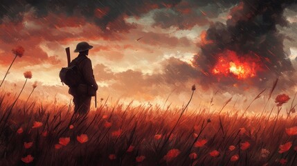 Soldier in Poppy Field Watching Burning Sky  War  Battlefield  Sunset