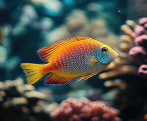 Obraz premium Colorful lyretail anthias fish swimming in coral reef aquarium