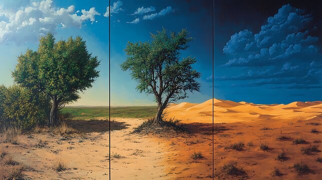 Environmental transition from green forest to dry desert in three stages; lush forest in the first, barren scrubland in the middle, and sand dunes stretching into the horizon in the last,