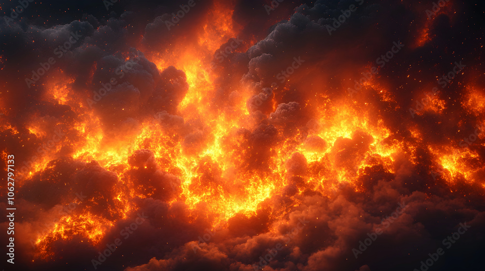 Poster a dramatic and intense image showcasing a raging inferno with explosive flames and billowing smoke,c