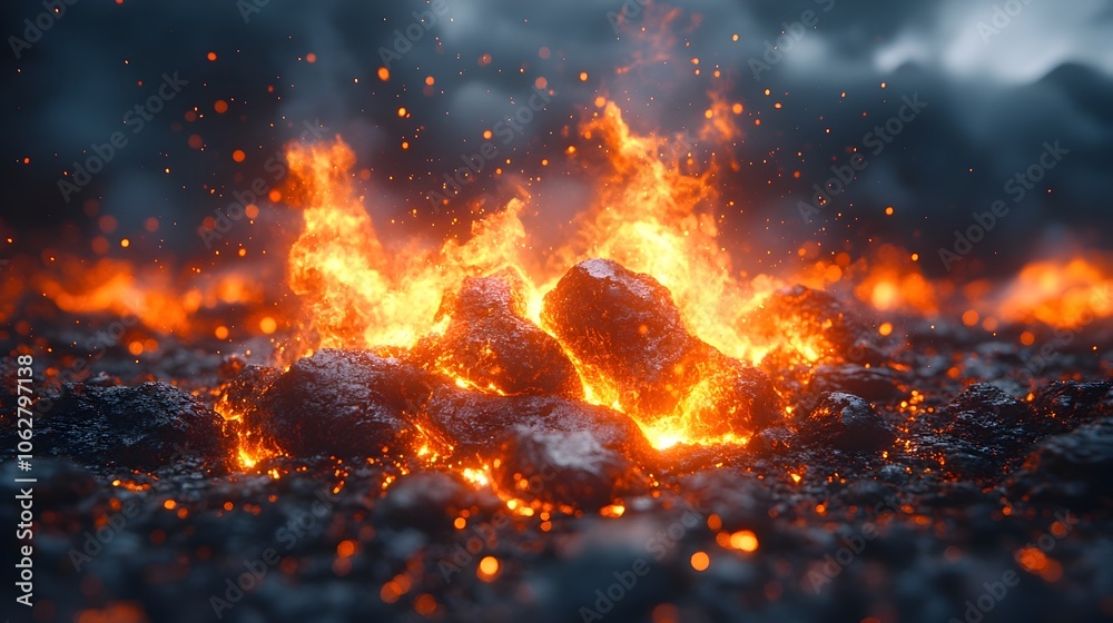 Poster a dramatic and intense scene of a fiery explosion,with towering flames,burning embers,and a chaotic,