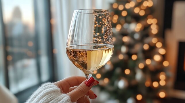 Woman holding glass of white wine near christmas tree at home