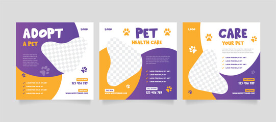 Set of pet care promotion banner social media pack template. Pet adoption social media post template. Pet shop social media carousel template.