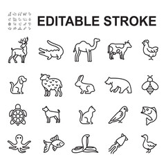 Collection of icons of various animals. Thin line vector, contains icons such as deer,cow,snake and more.