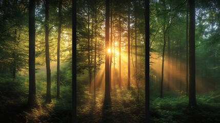 Naklejka premium Forest adventure in three parts; first with sunrise over dewy forest ground, middle with sunlight streaming through dense foliage, and last with sunset casting warm, golden light on tree trunks,