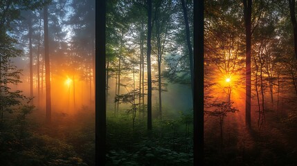 Obraz premium Forest adventure through the day; left with misty sunrise over tall trees, middle with vivid midday light highlighting foliage, and right with a warm, colorful sunset,