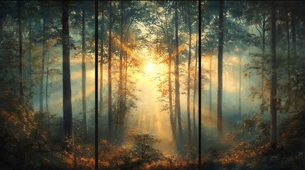 Obraz premium Forest captured in three times of day; first panel with a peaceful sunrise casting soft rays through morning mist, middle with bright, clear midday sunlight illuminating the canopy,