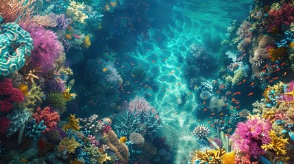 A top view of a vibrant coral reef with colorful marine life and crystal-clear water, providing a breathtaking underwater scene