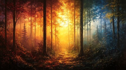 Forest captured in three times of day; first panel with a peaceful sunrise casting soft rays through morning mist, middle with bright, clear midday sunlight illuminating the canopy,