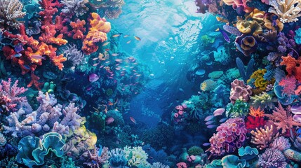A top view of a vibrant coral reef with colorful marine life and crystal-clear water, providing a breathtaking underwater scene