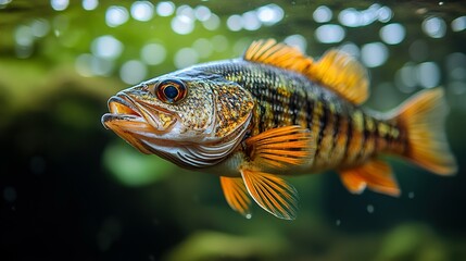 Fototapeta premium Close-up of a vibrant orange and black striped fish swimming in a green aquatic environment.