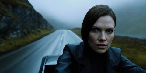 Themed Cinematic Shot, espionage-themed dramatic lighting, Woman Driving Sleek Car Through Foggy Nature in Cinematic Setting