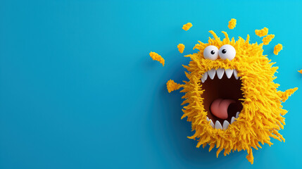A banner with a humorous twist, A whimsical, fluffy yellow monster with big eyes and an open mouth against a vibrant blue background, perfect for playful designs.