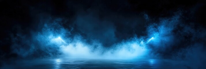 Fototapeta premium empty dark stage with spotlights , fog and smoke in the air, for opera performance. Stage lighting. Empty stage with bright colors backdrop decoration. Entertainment. empty theater stage with light 