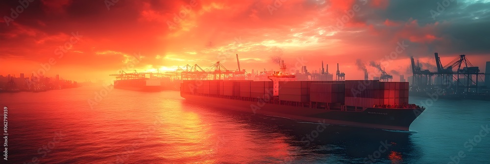 Aufkleber breathtaking aerial view of a vibrant cargo harbor at sunset,with towering loading cranes and massiv