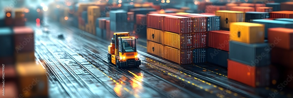 Poster busy nighttime cityscape with cargo containers and transportation vehicles in motion at a logistics 