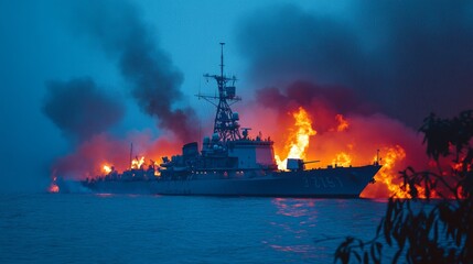 Burning Military Ship On Sea at Sunset   War Disaster   Shipwreck   Military Vessel