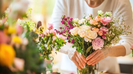 Woman Arranging Beautiful Bouquet of Flowers in Vase