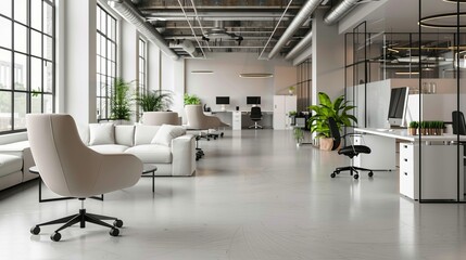 Office interior with ergonomic furniture and modern decor
