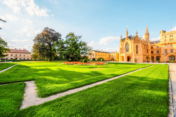 Fototapeta premium Lednice Chateau with beautiful gardens and parks. Lednice Valtice Landscape, South Moravian region. UNESCO World Heritage Site.