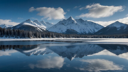 A majestic mountain range with snow-capped peaks reflects perfectly on a frozen lake. The clear blue sky and the contrast between the snow and the water create a stunning winter landscape. 