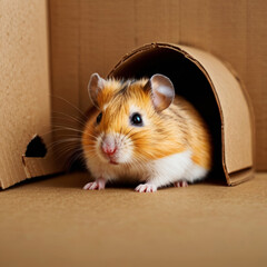 Obraz premium Cute hamster peeks through a cardboard hole, showcasing its adorable features and curious expression.