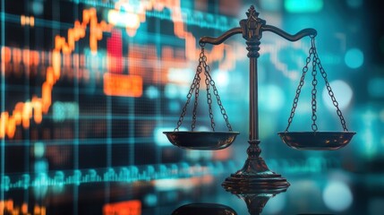 Scales of justice in front of a stock market chart, representing legal issues in finance and business.