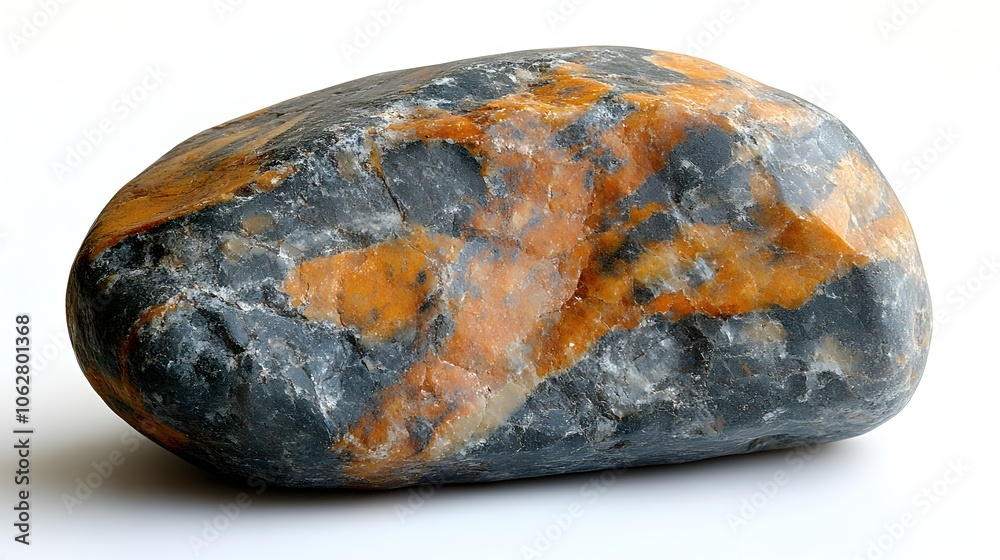 Poster closeup of a weathered,oxidized rock pebble with a gritty,rugged surface texture and natural,earthy 