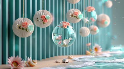 Set against a sandy beach with crashing waves, clear glass balls contain a shell, flower, and sand, set against a blue curtain.