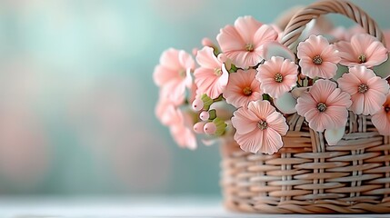 Floral arrangement of pink flowers resting inside a textured wicker basket, capturing natural beauty.