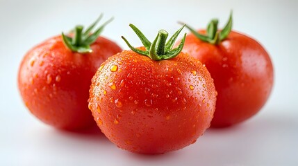 Closeup of several ripe,juicy,and vibrant red tomatoes with dewdrops glistening on their glossy surface,freshly harvested from a garden or greenhouse. The tomatoes appear crisp,appetizing.