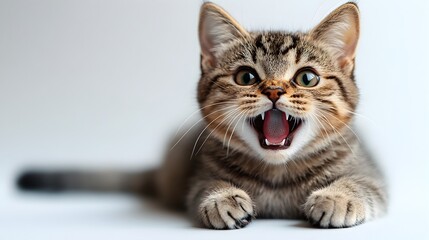 Obraz premium Closeup portrait of a cute and playful gray tabby kitten posing with an energetic and cheerful facial expression on a plain white background. The kitten has a soft,fluffy fur,bright eyes.