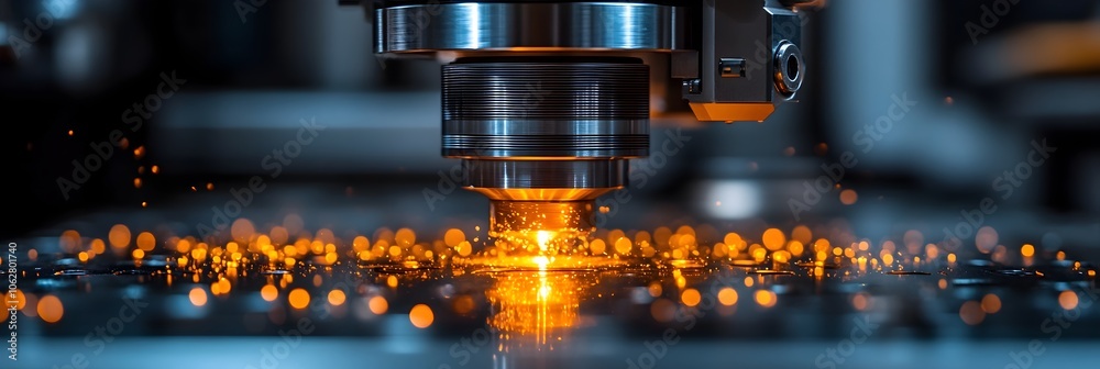 Fototapete closeup view of a high-tech laser cutting machine intensely sparking and slicing through metal durin