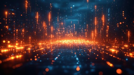 Abstract digital landscape with glowing particles and light trails.