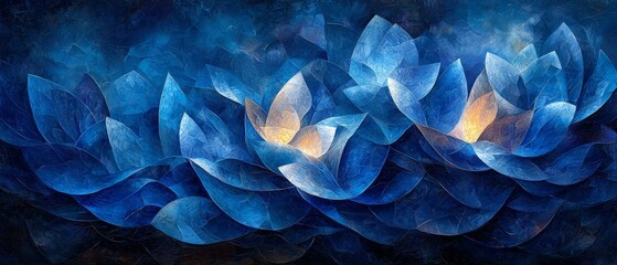 A serene composition of blue and gold lotus flowers against a dark background.