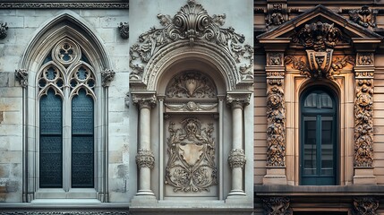 Obraz premium Three architectural periods in one triptych; left with Gothic stonework and pointed arches, middle with Rococo plasterwork and lavish decor, and right with post-modern abstract facades,