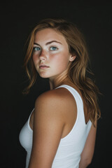 Fototapeta premium Portrait of 20 year old chubby caucasian white woman wearing a white tank top, standing isolated on a black background