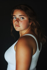 Fototapeta premium Portrait of 20 year old chubby caucasian white woman wearing a white tank top, standing isolated on a black background