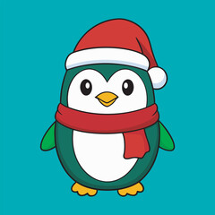 Cute Christmas Penguin Illustration with Santa Hat and Scarf, Christmas Penguin Vector in Festive Holiday Style