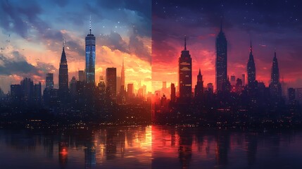 Obraz premium Three stages of city life from dawn to dusk; first panel shows a quiet dawn with gentle light, middle with bustling midday brightness, and third with the calm of sunset,