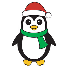 Cute Christmas Penguin Illustration with Santa Hat and Scarf, Christmas Penguin Vector in Festive Holiday Style