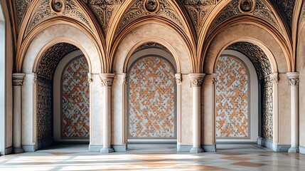 Fototapeta premium Three styles of architectural beauty in one triptych; left with medieval stone arches, middle with Renaissance-inspired ornate facades, and right with Art Deco geometric designs,