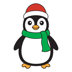 Cute Christmas Penguin Illustration with Santa Hat and Scarf, Christmas Penguin Vector in Festive Holiday Style