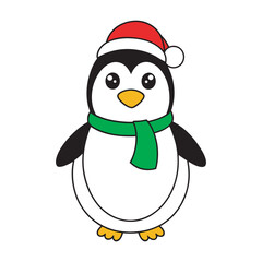 Cute Christmas Penguin Illustration with Santa Hat and Scarf, Christmas Penguin Vector in Festive Holiday Style