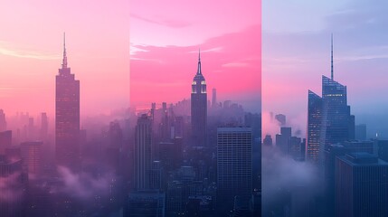 Three views of a city skyline; dawn with a soft pink sky and misty light, noon with bold, direct sunlight illuminating the skyscrapers, and dusk with a rich, warm sunset,