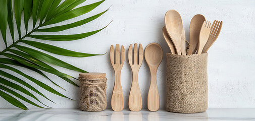 Discover the benefits of using eco-friendly utensil sets on a natural marble countertop for a sustainable kitchen experience