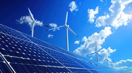 A field of solar panels and wind turbines under a blue sky with clouds.