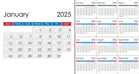 Calendar 2025 on English language, week start on Sunday