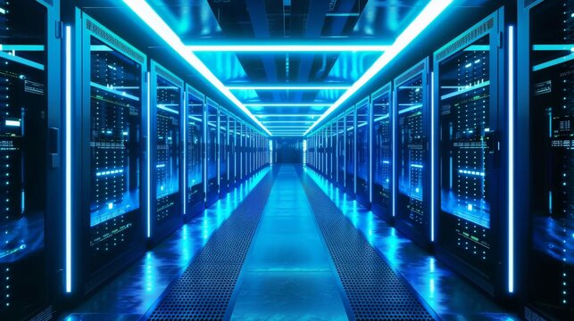 Technology Hub: Electric Blue Servers Lined Up in Data Center Corridor