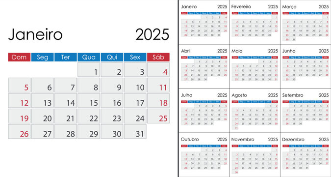 Calendar 2025 on Portuguese language, week start on Sunday.